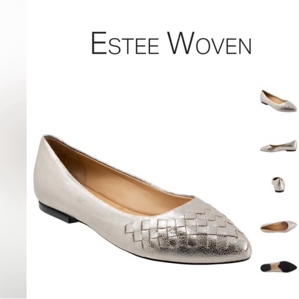 Trotters Estee Woven 12WW Wide Silver pewter flats NWOB B003